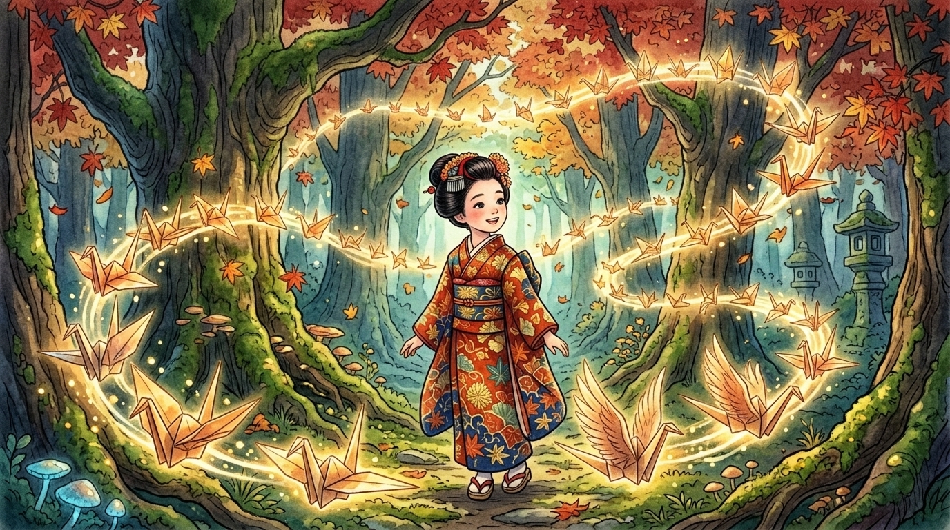 ภาพกลางเรื่อง: ซากุระในป่าเวทมนตร์ ล้อมรอบด้วยนกกระเรียนกระดาษเรืองแสง