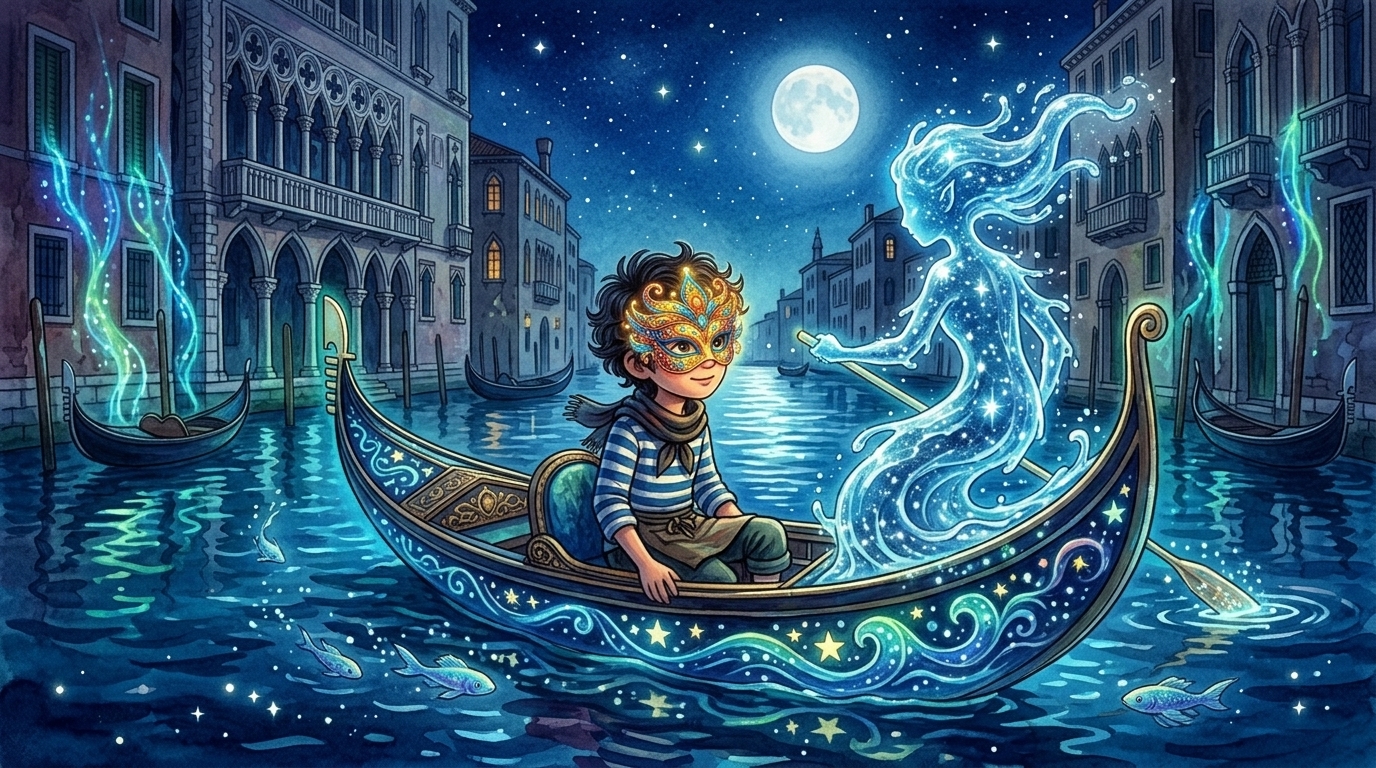 ภาพกลางเรื่อง: มาร์โกและอควานั่งเรือกอนโดลาตามหาไข่มุก